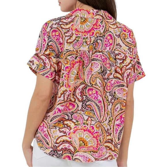 Single Thread Pink Paisley Satin Like Top with Collar, Paisley Print Blouse S - Picture 3 of 14